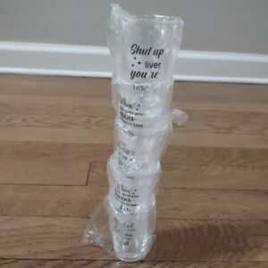 5 new wrapped plastic shot glasses with funny phrases